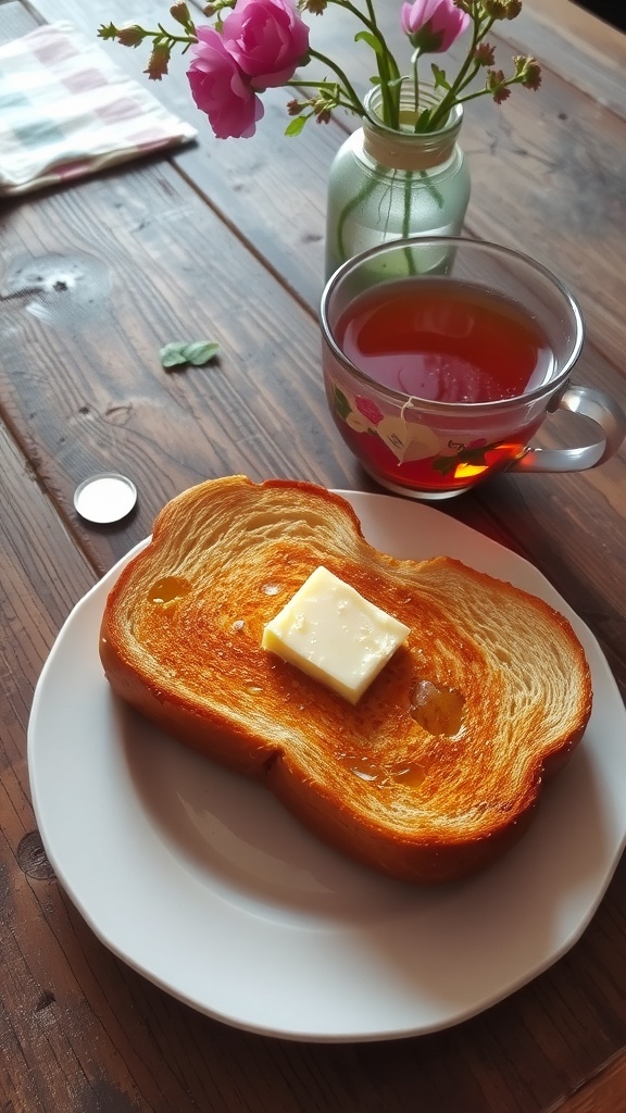 Golden-brown toast with butter and a steaming cup of tea on a rustic wooden table.